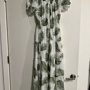 White Maxi Dress with Green Leaf Print